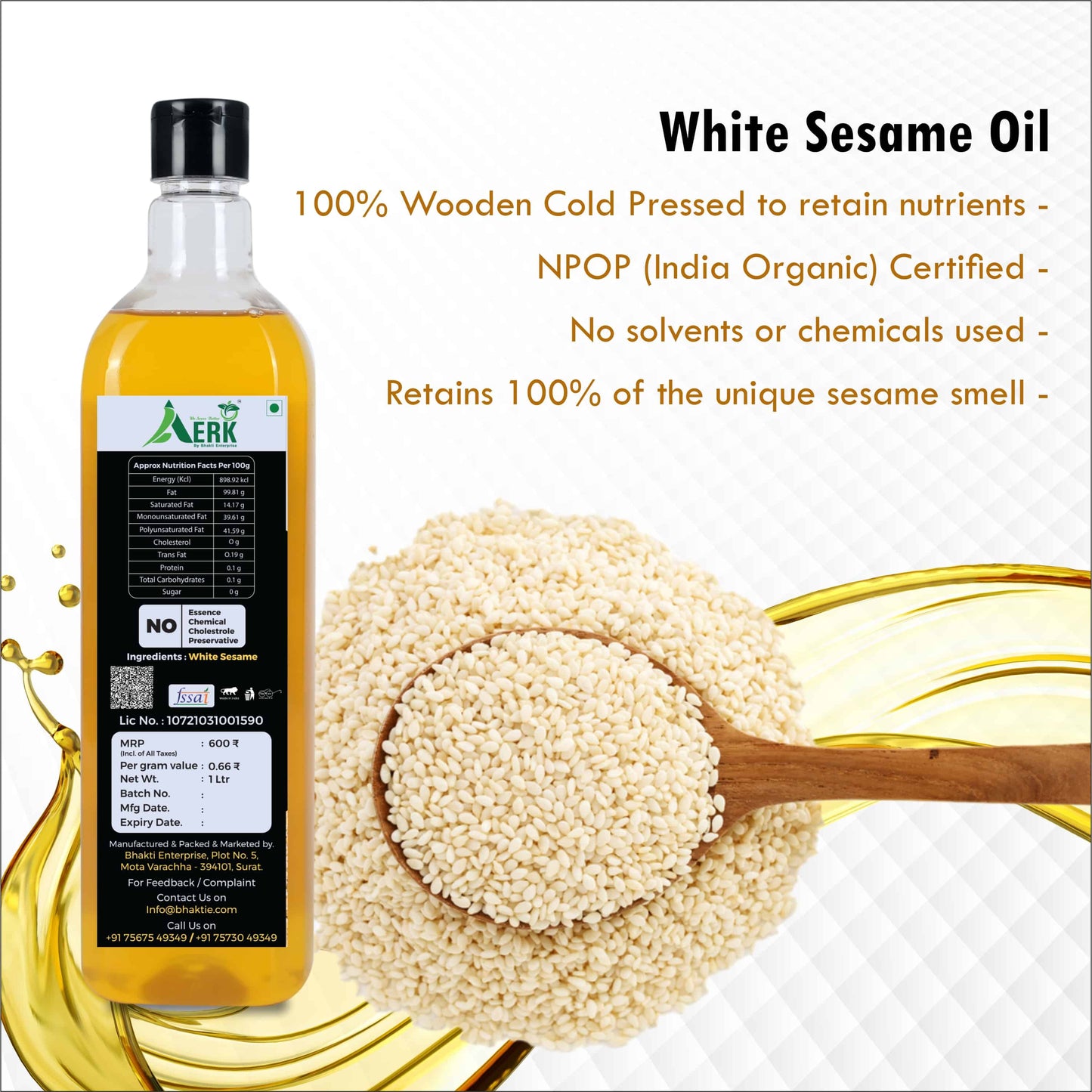 Wooden cold pressed White Sesame Oil Bhakti Oils